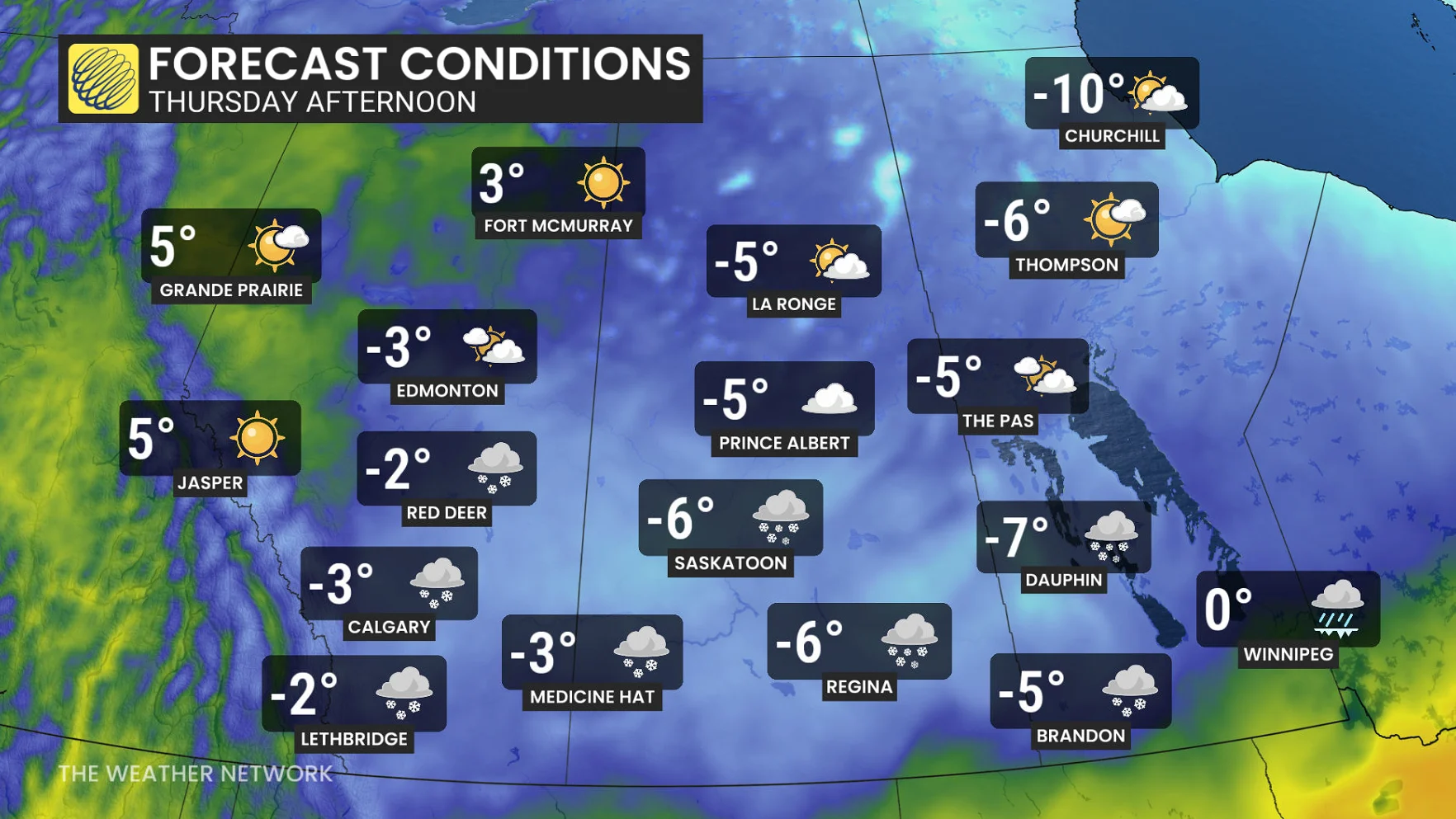 Prairies temperatures and icons Thursday
