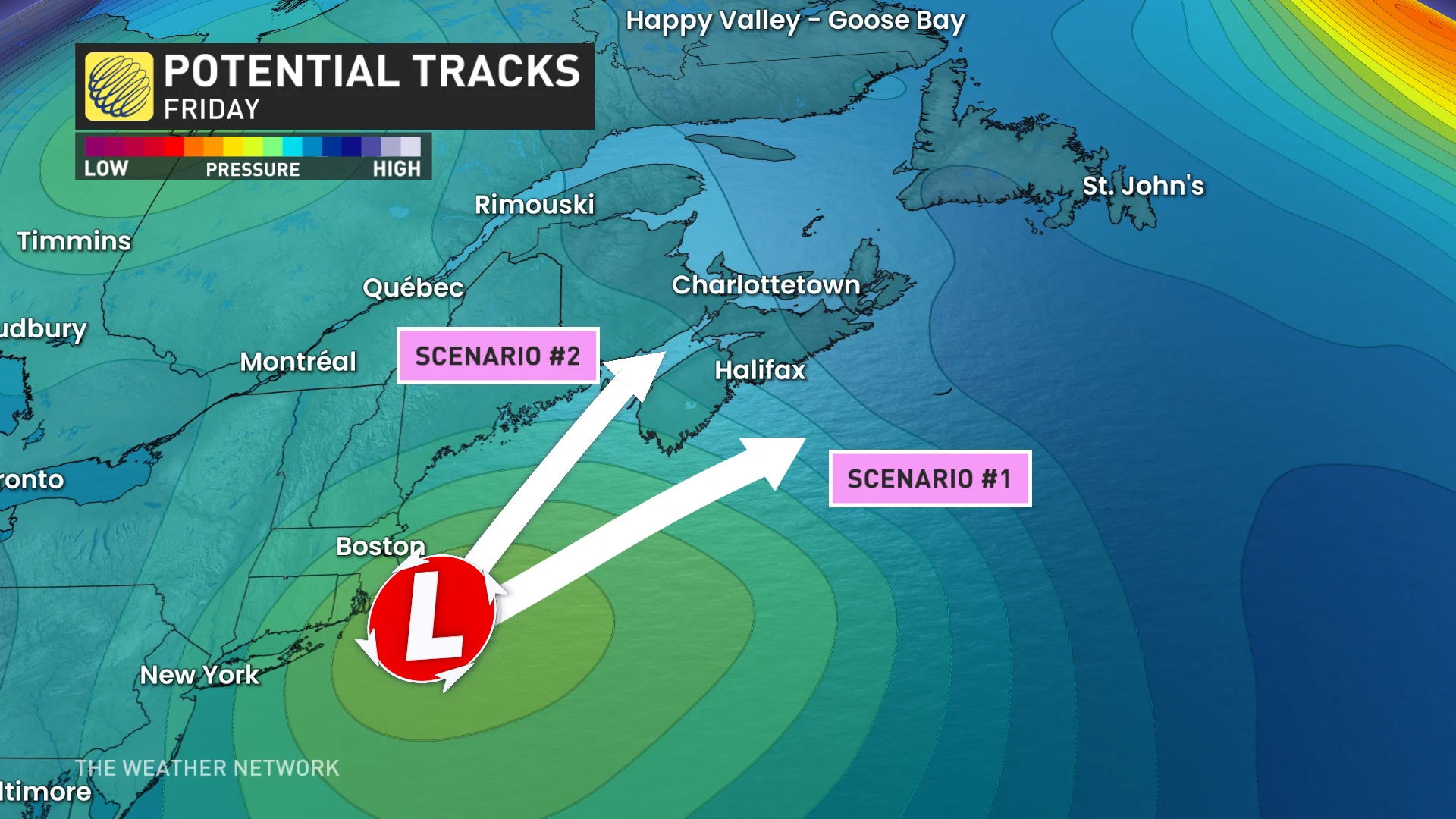 Potential tracks for Atlantic Canada system, two scenarios