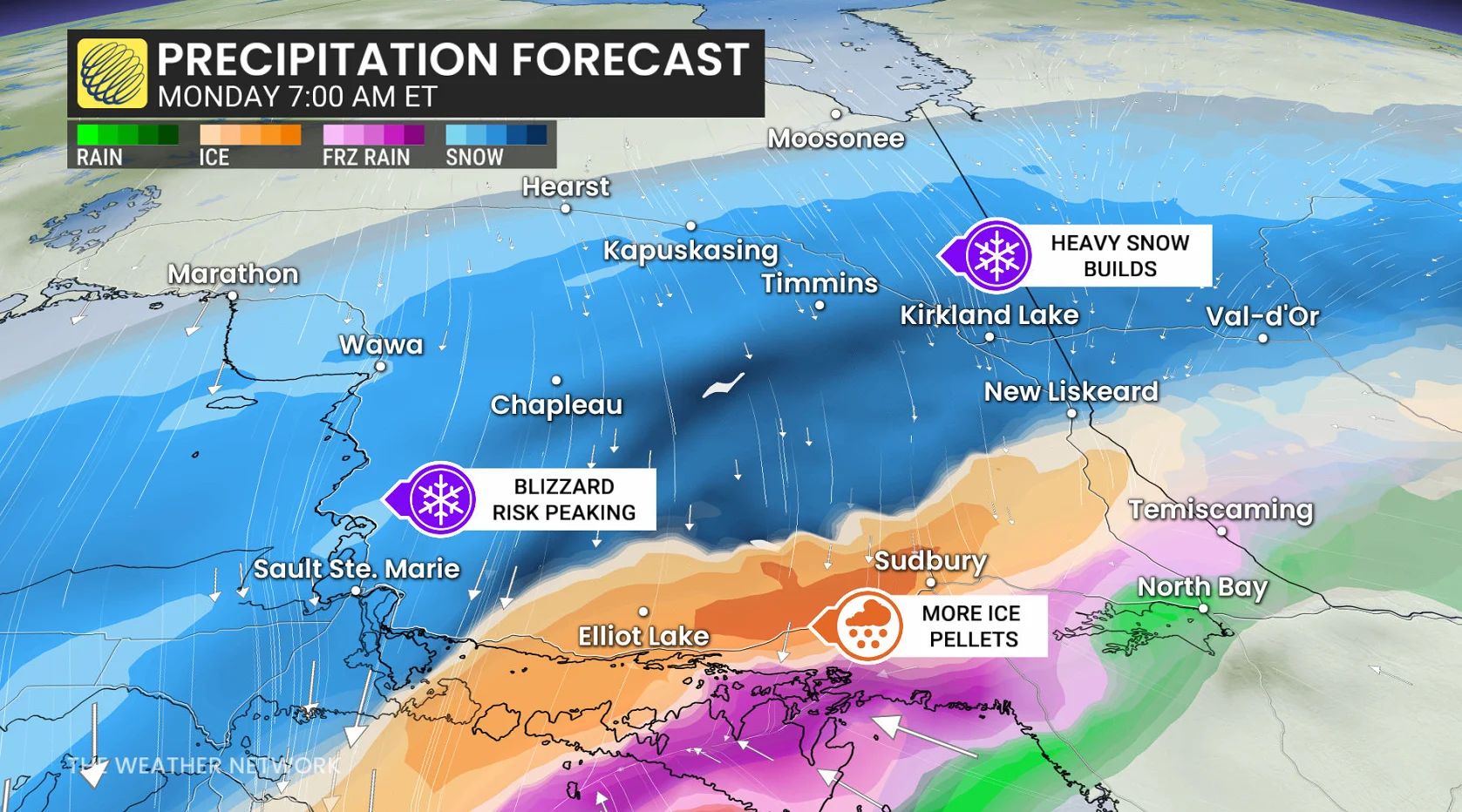 Ontario precipitation timing Monday morning