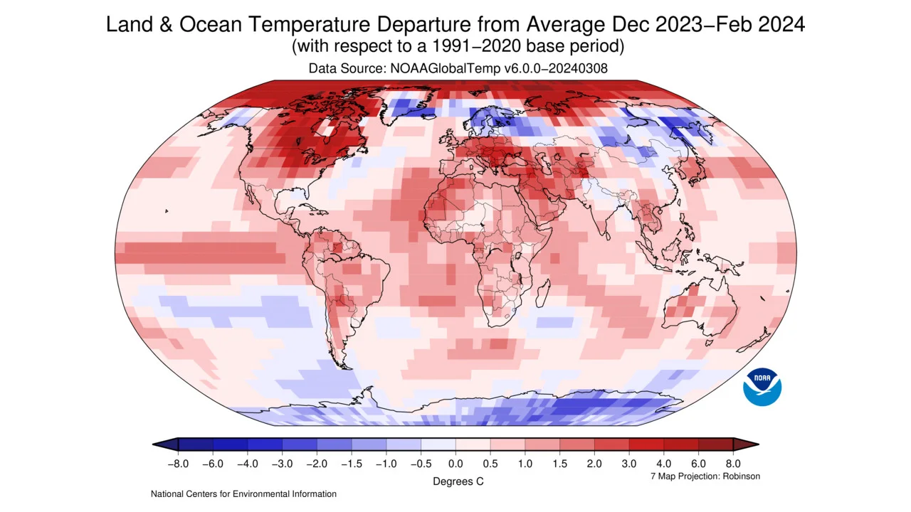 Land Ocean Temp Anomalies Dec 2023 to Feb 2024 - NOAA