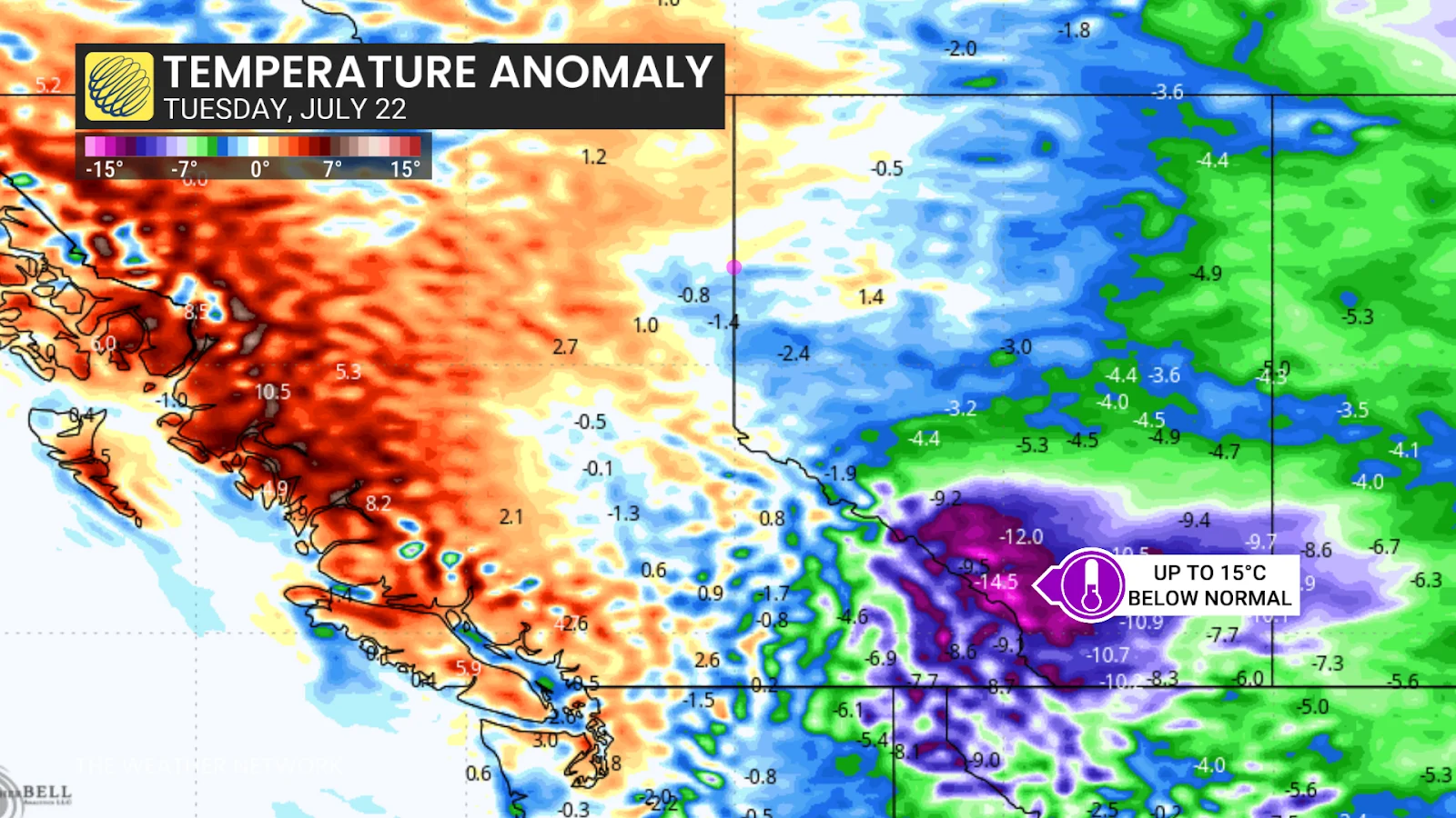 Temperature, Anomaly, B.C., Alberta, Cold, Snow, July 20, 2025. (The Weather Network/Tyler Hamilton)