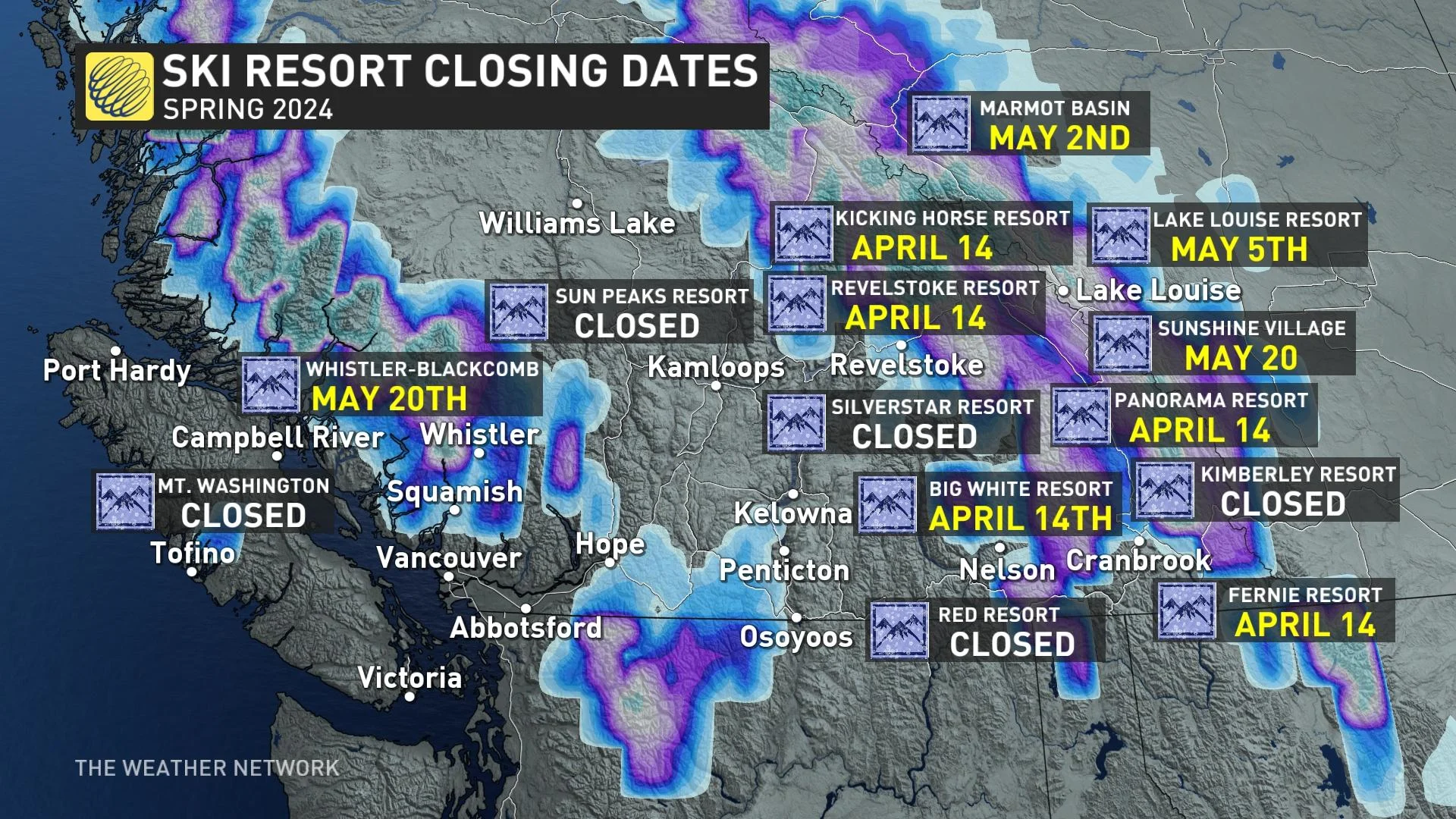 Ski resort closing dates in Western Canada, April 10