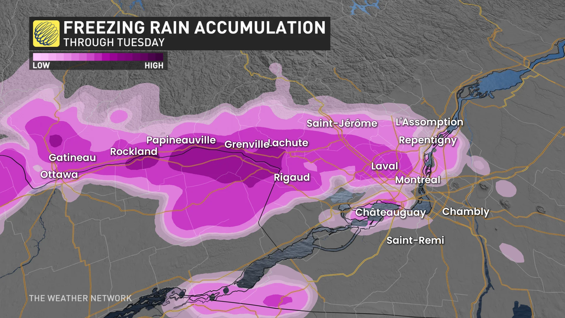 Southern Quebec freezing rain accumuation Tuesday