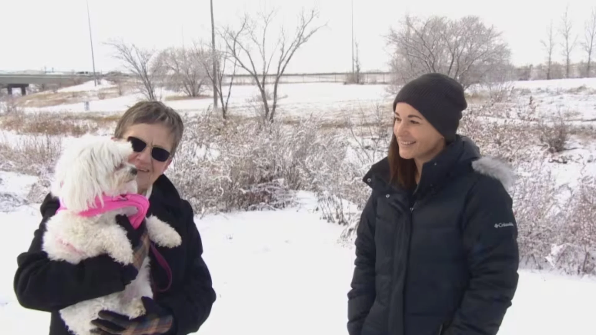 CBC: Britt Heisler, right, rescued Betty White, dog, from a creek on Nov. 21 after she ran off from her owner Meg Brookes, left, during a walk. (Germain Wilson/CBC News)