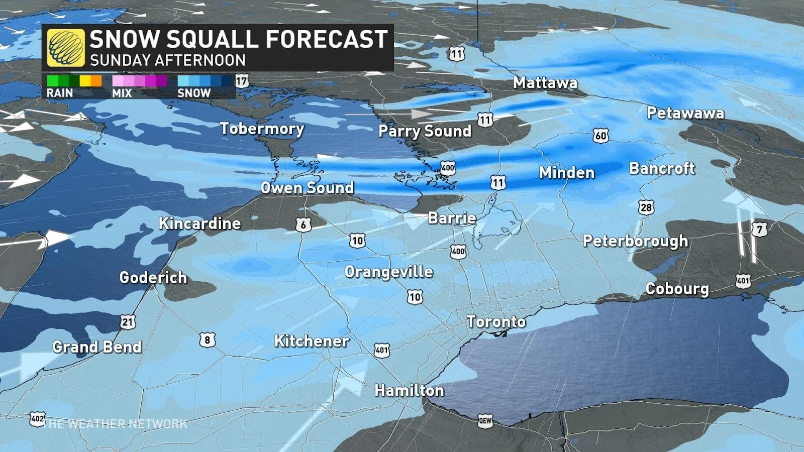 Ontario squall forecast Sunday