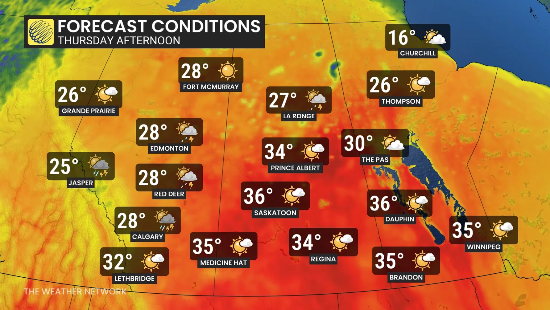 Prairies Thursday afternoon forecast temperatures and conditions - May 27, 2026