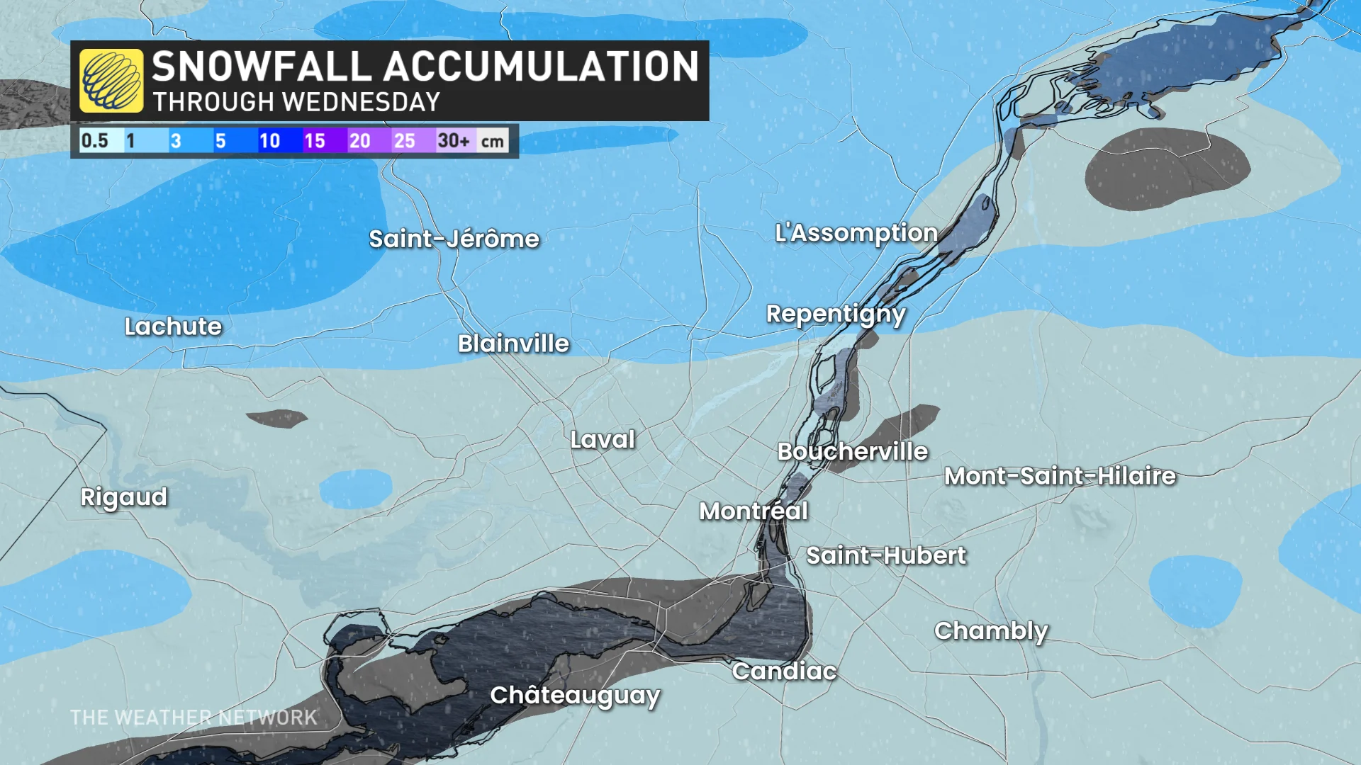 Snowfall accumulation for Quebec through Wednesday