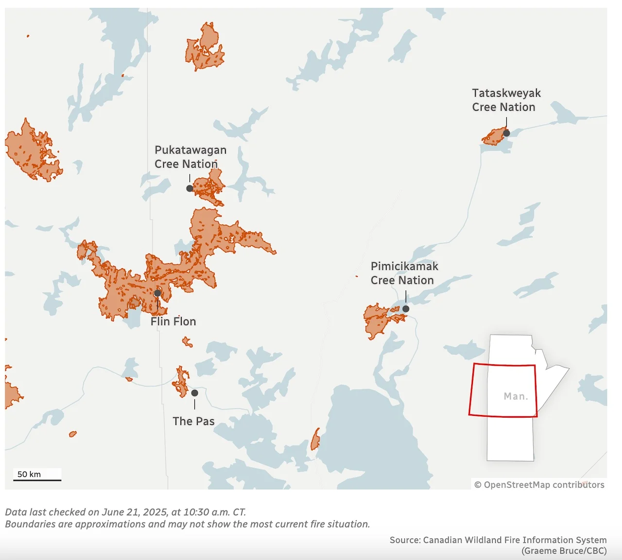Estimated Manitoba wildfire boundaries/Canadian Wildland Fire Information System (Graeme Bruce/CBC)
