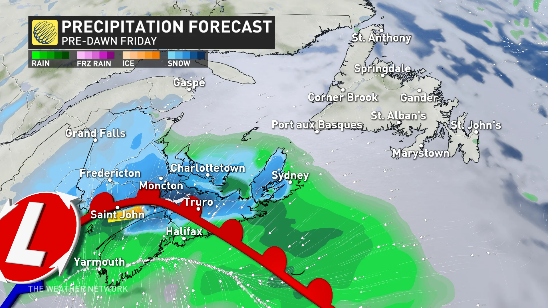 Pre-dawn hours Friday morning precipitation timing Atlantic Canada