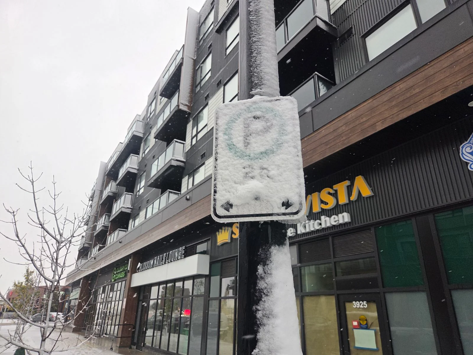 Snow-covered parking sign in Calgary, Alta., on Oct. 23, 2026 (Connor O'Donovan/TWN)