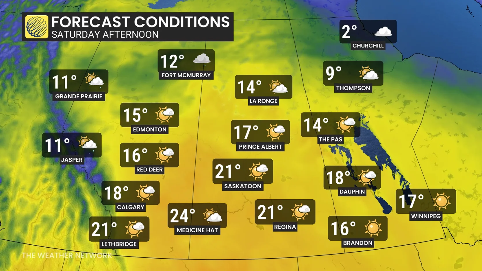 Prairies temperatures and icons Saturday afternoon