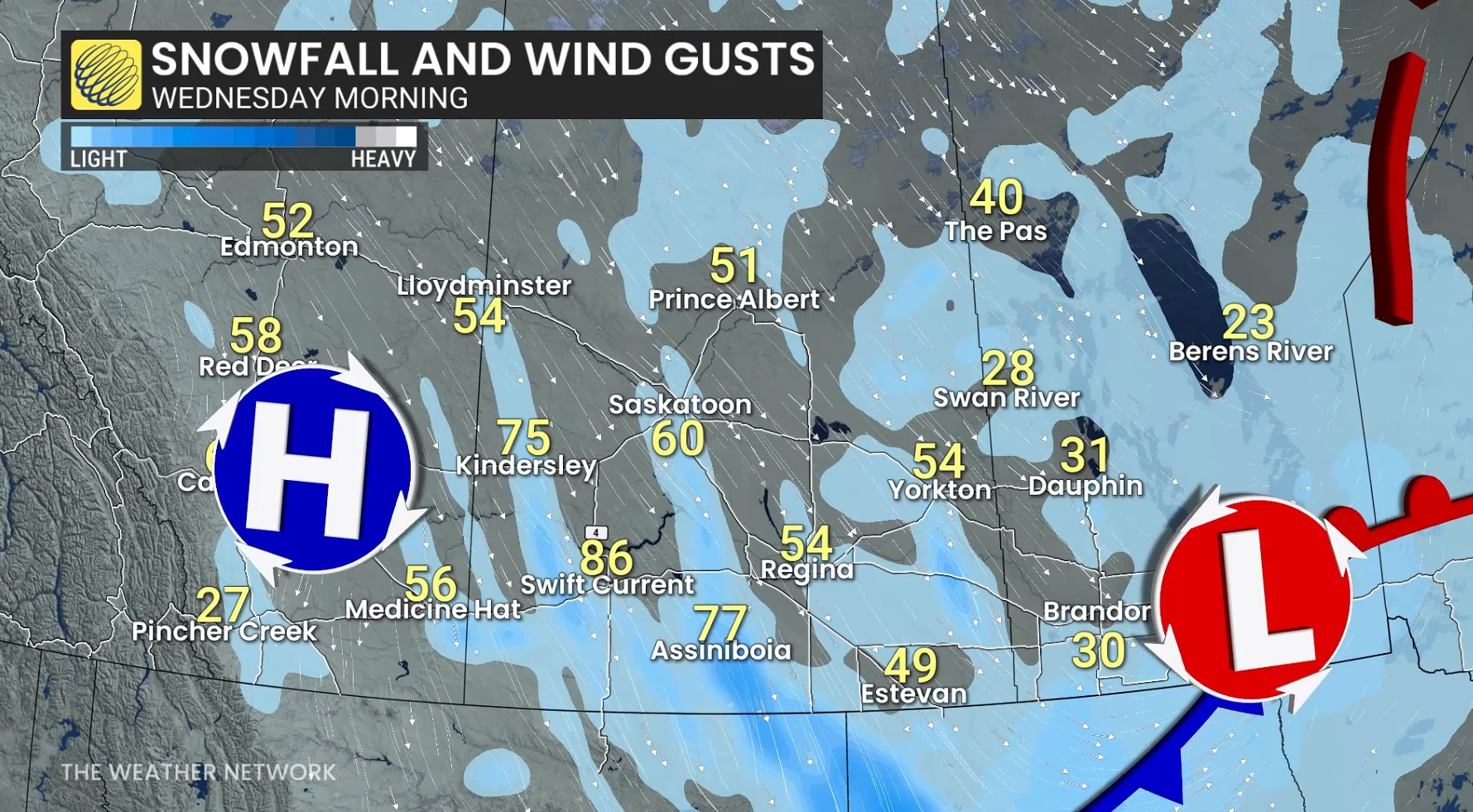 Prairies wind gusts and snow Wednesday morning
