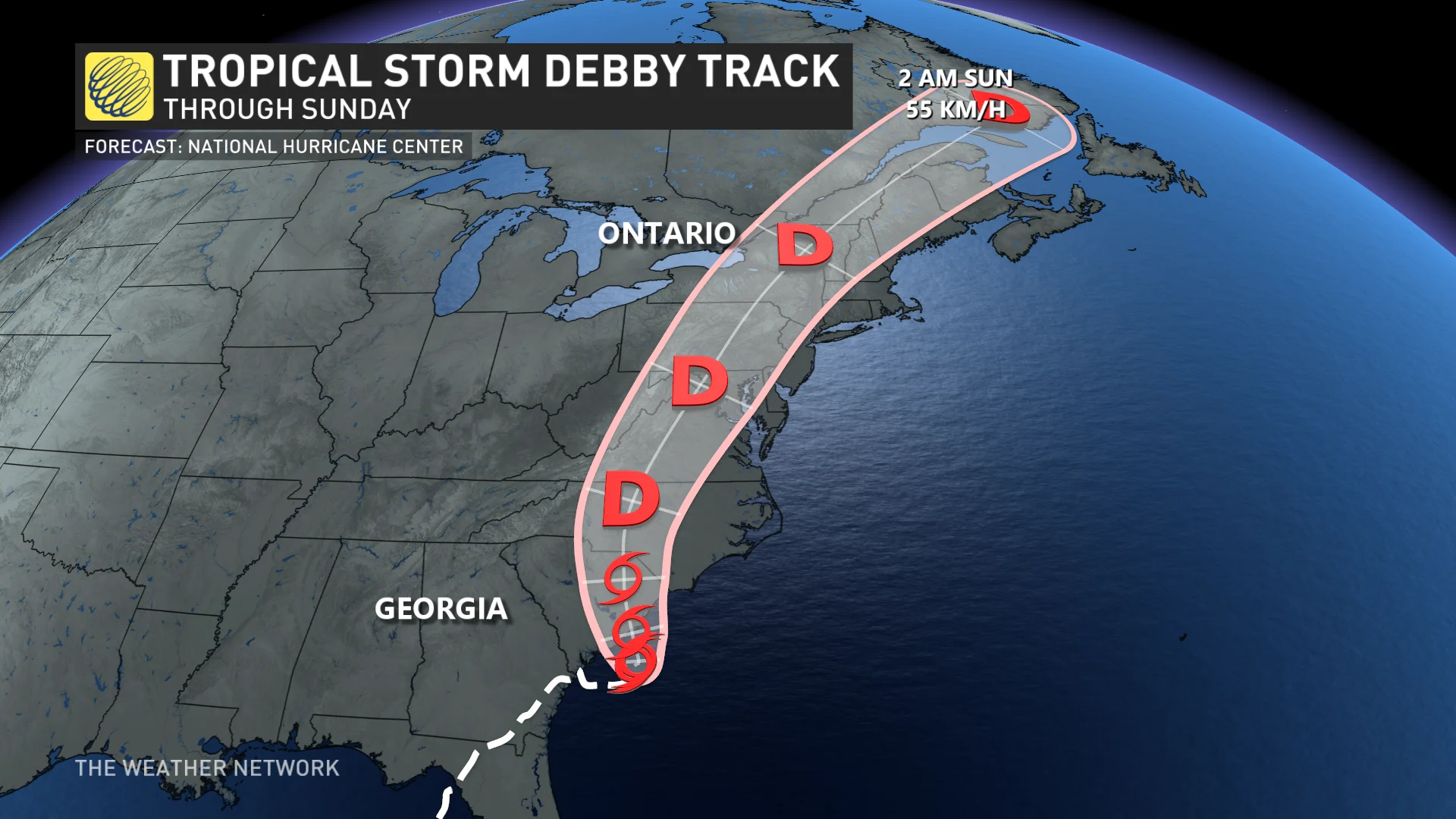 Debby's predicted path into Canada as of Aug. 7, 2024