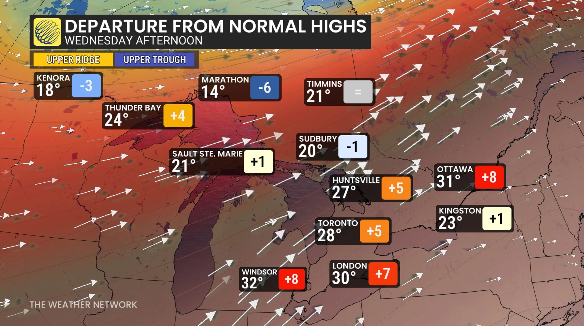 Wednesday afternoon departure from normal highs and temperatures Ontario