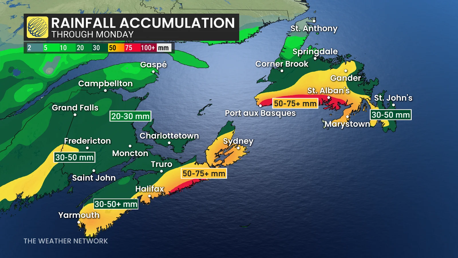 Atlantic Canada forecast weekend rain totals - April 25, 2025