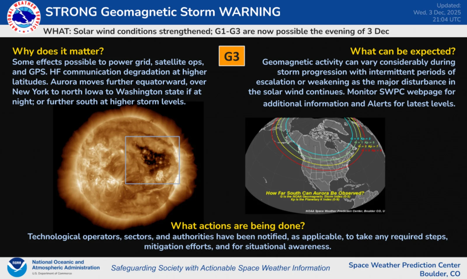 Strong Geomagnetic Storm Warning - Dec 3 2025 - NOAA SWPC