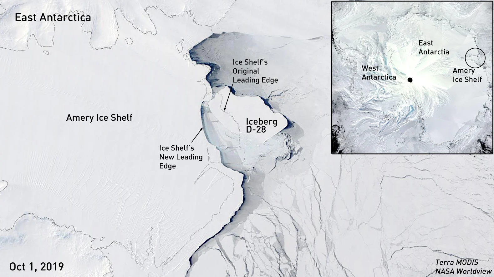 Amery-Iceberg-D28-Antarctica-Oct-1-2019-Terra-MODIS-NASA-Worldview-labelled