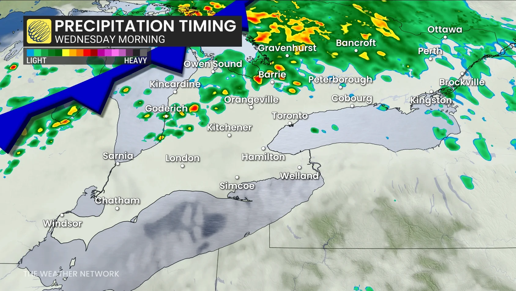 Ontario precipitation timing Wednesday morning