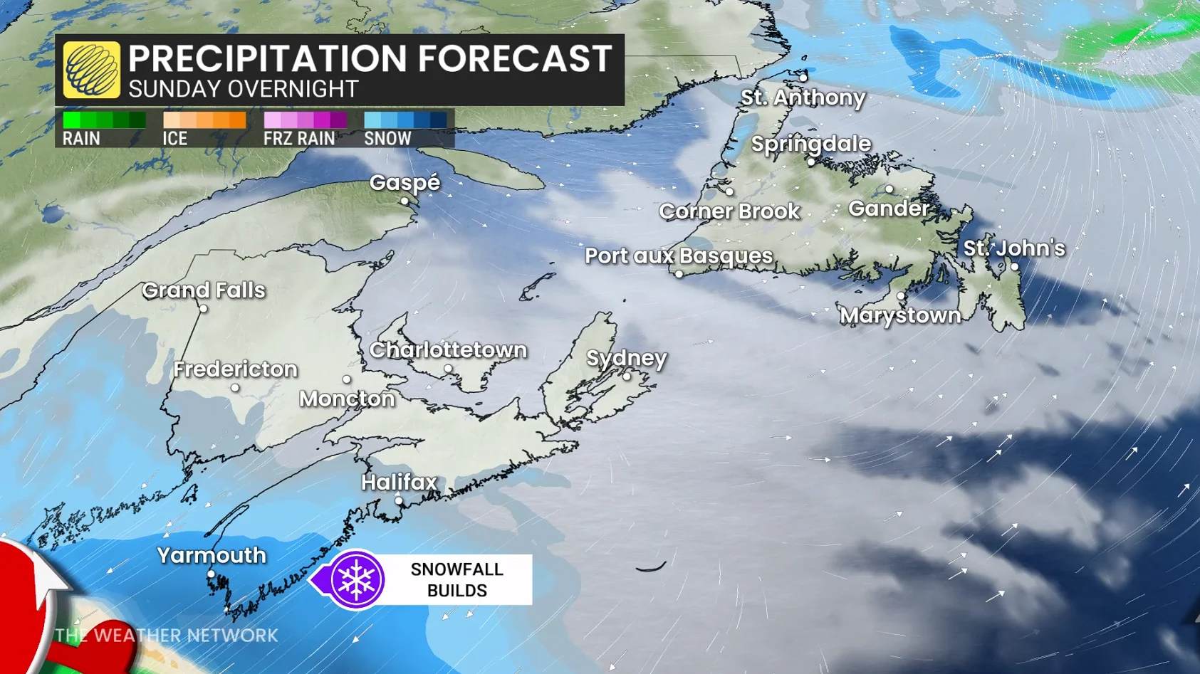 Atlantic Canada precipitation forecast Sunday overnight