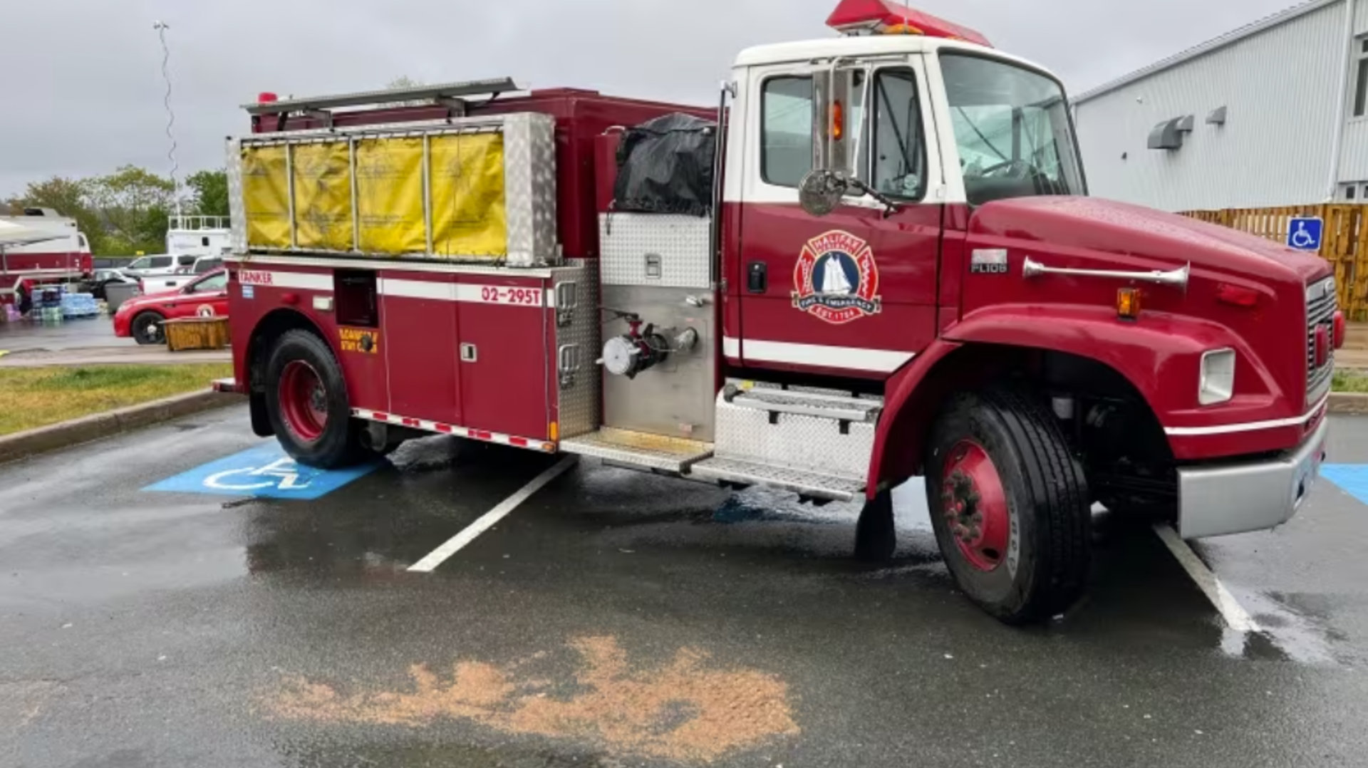 CBC: A Halifax Regional Fire and Emergency truck is shown at the wildfire command centre in Upper Tantallon, N.S., on Saturday. (Mark Crosby/CBC)