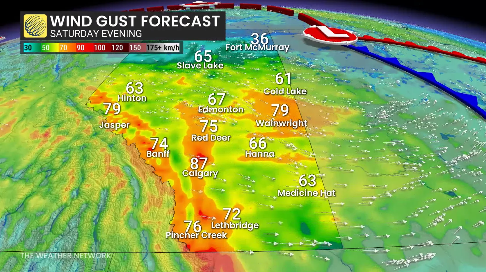 Alberta wind gusts Saturday evening