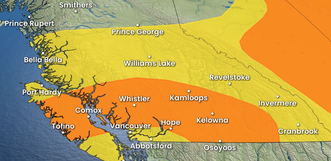 An elevated risk of thunderstorms is expected for the South Coast and Interior regions of British Columbia on Thursday, bringing threats of heavy rain, gusty winds and hail.
