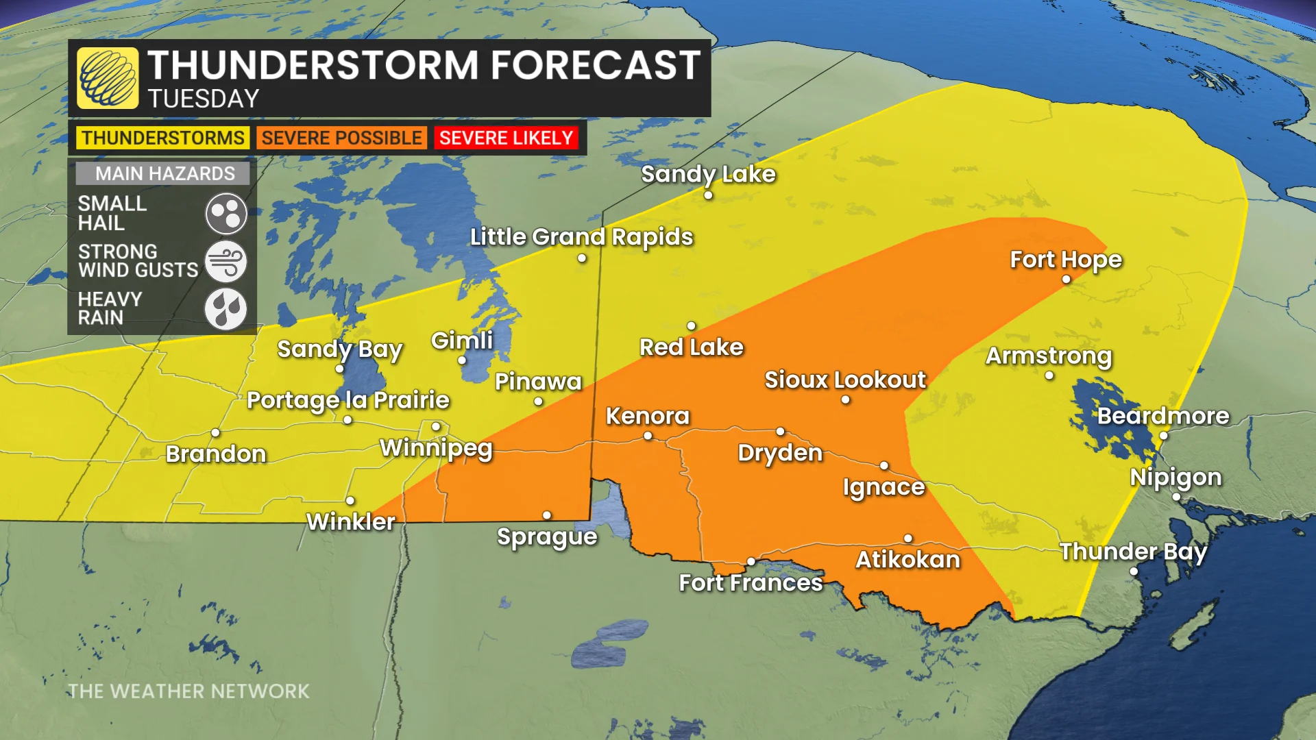 Northwestern Ontario storm risk map Tuesday