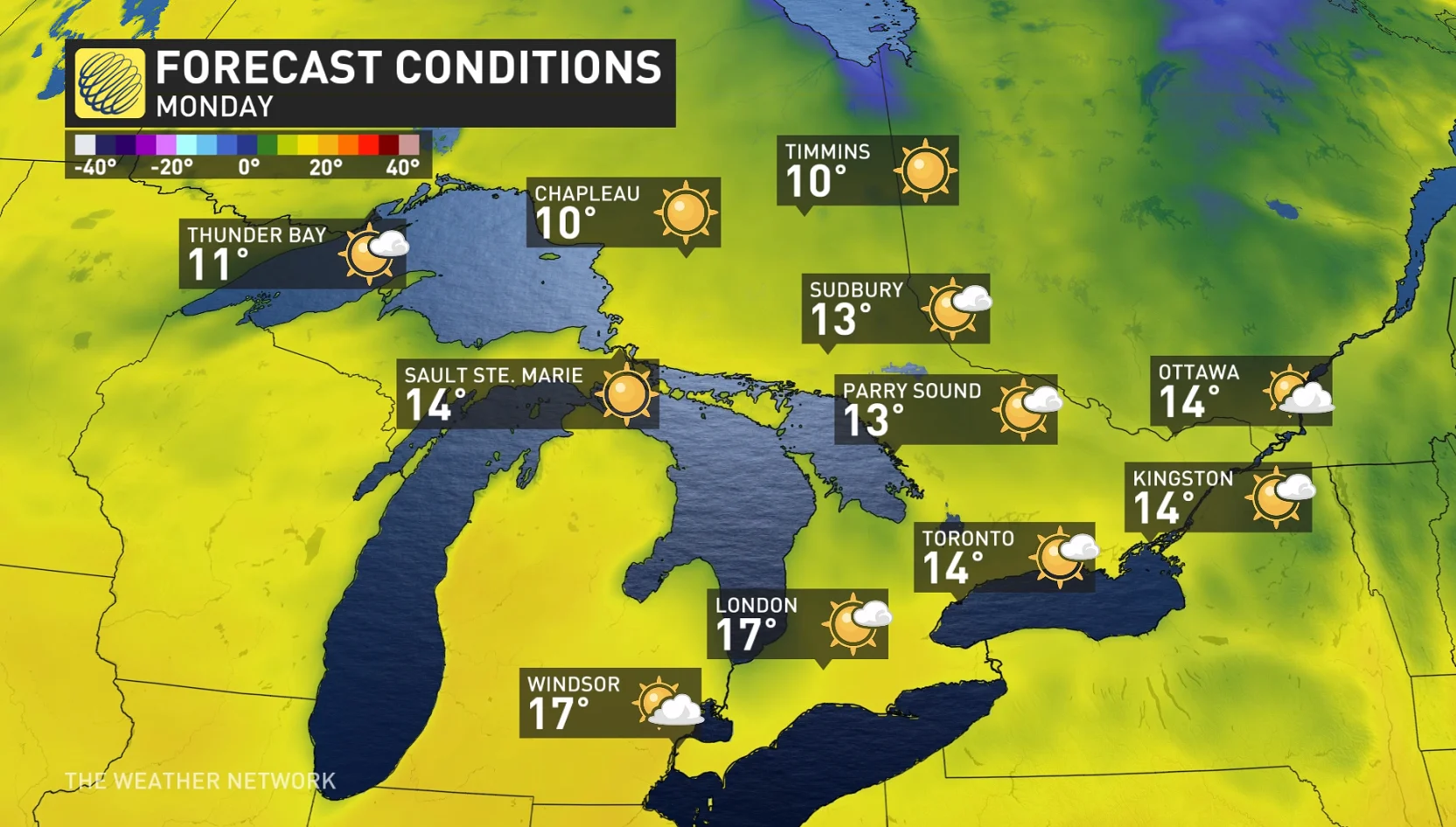 Ontario temperatures and forecast conditions Monday