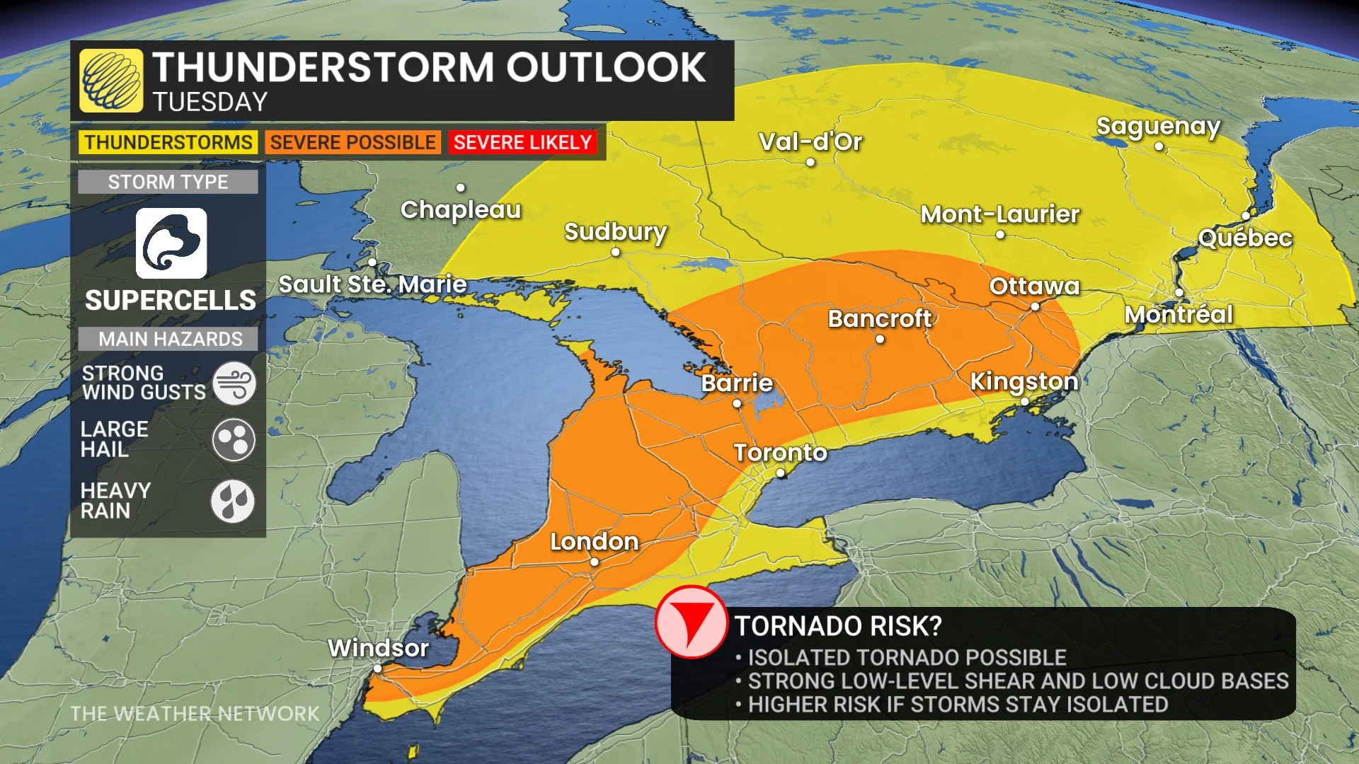 Ontario storm risk map Tuesday