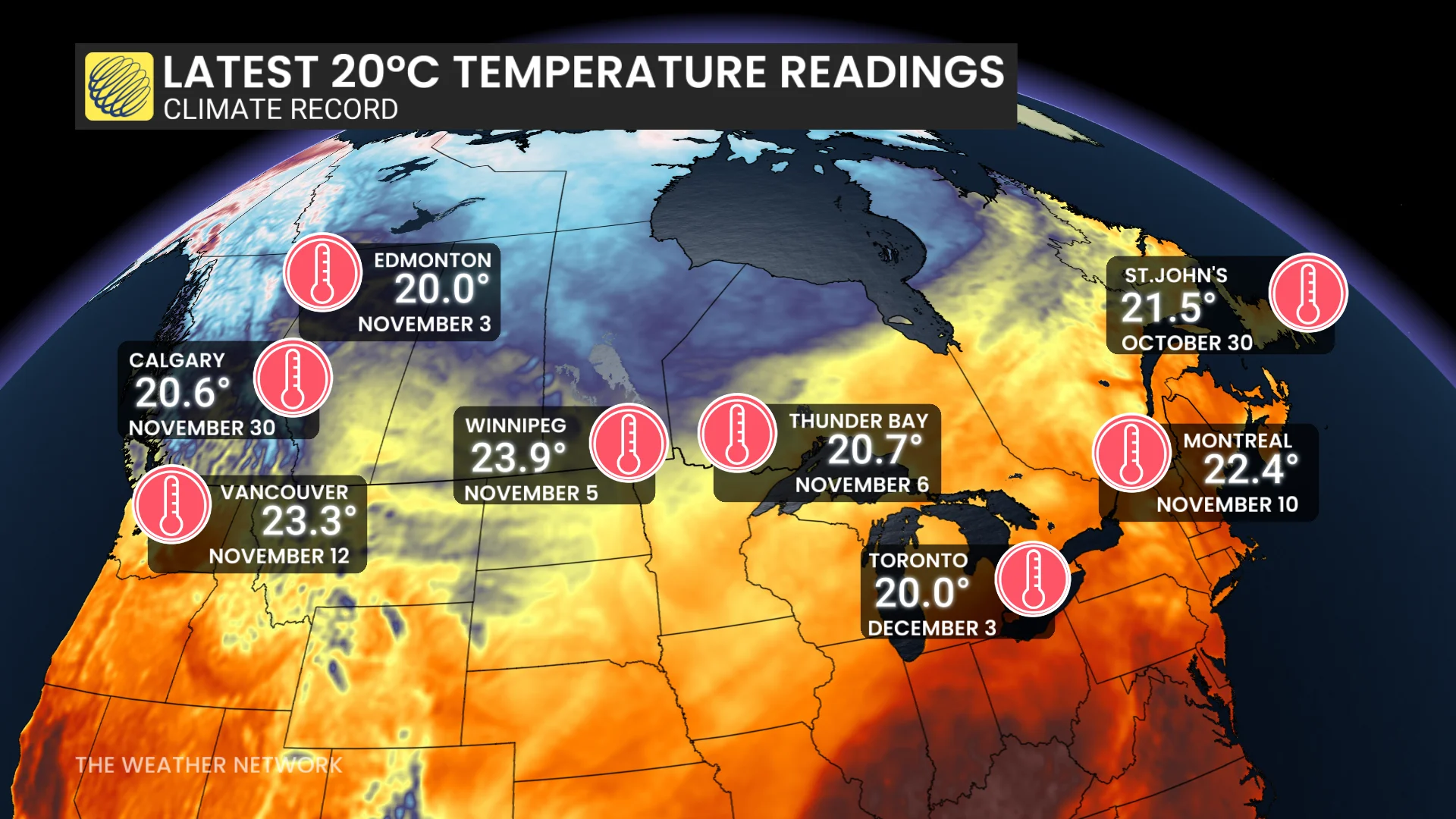 Last 20-degree temperature readings in the year (average) in Canada