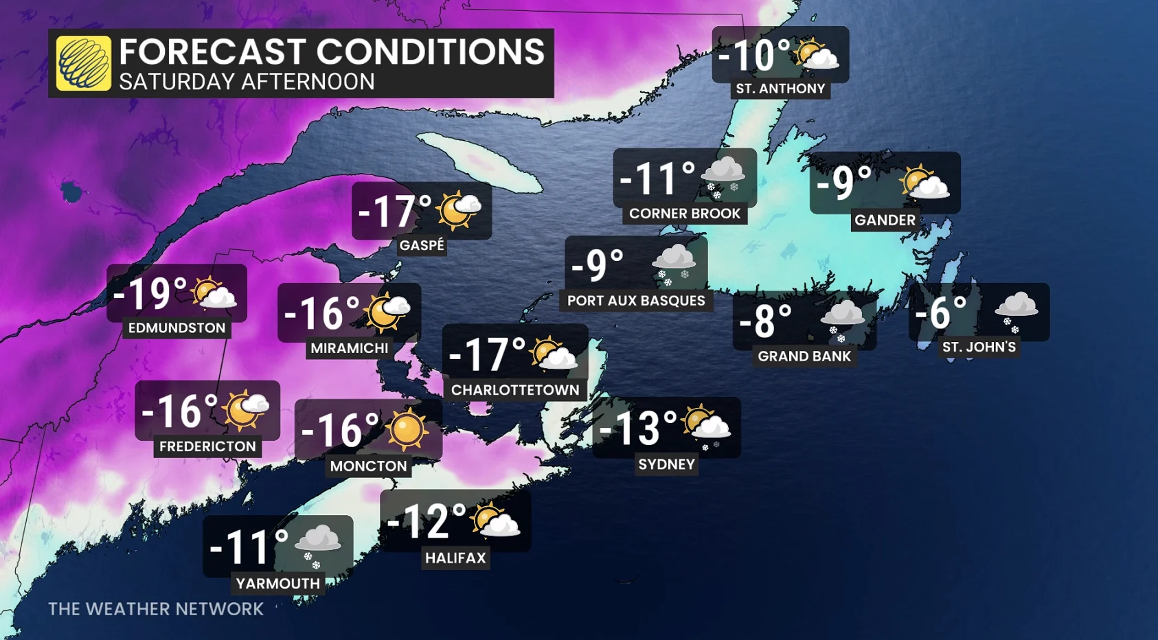 Atlantic Canada temperatures and wind chills Saturday