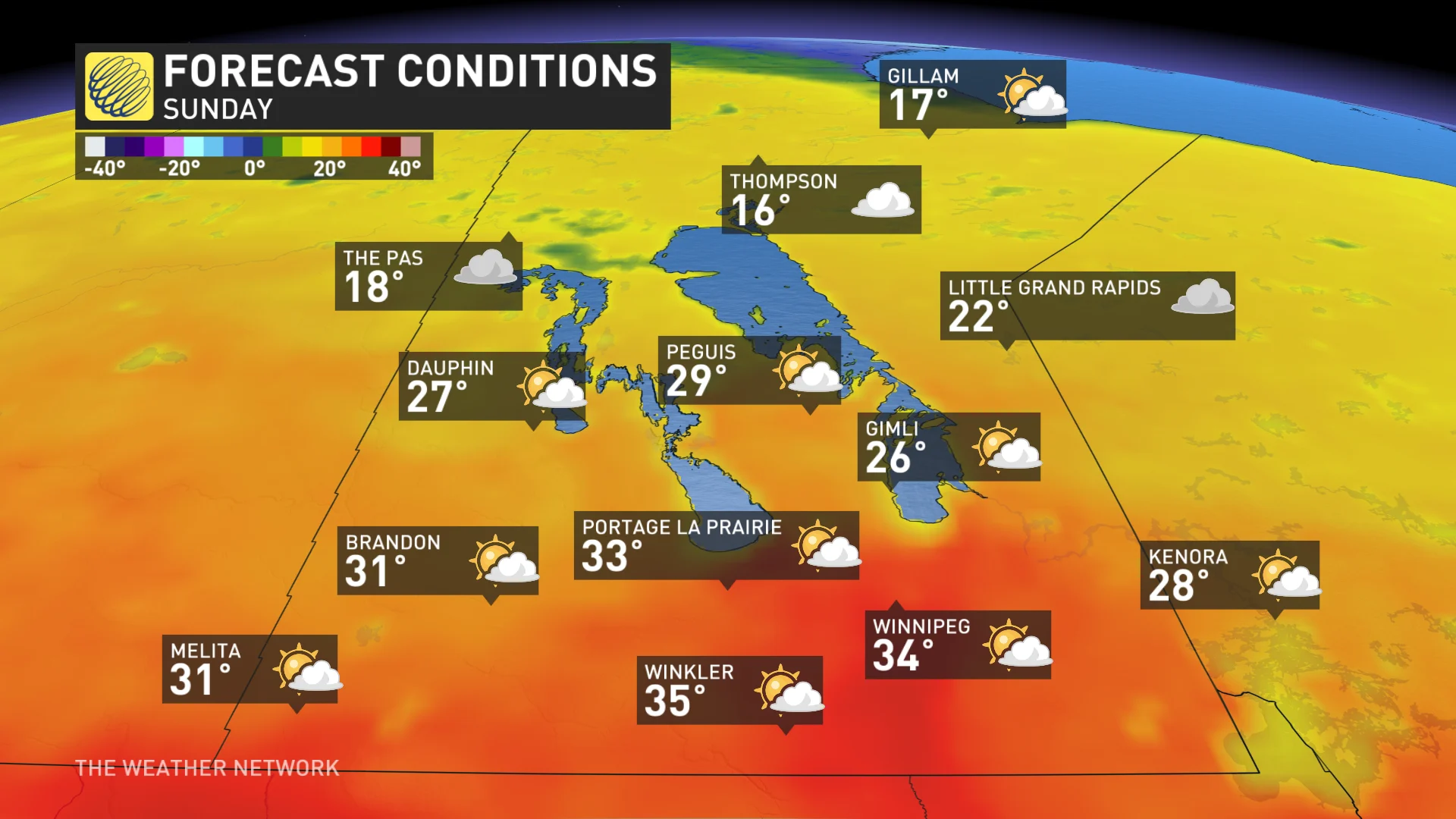 Sunday afternoon temperatures and icons Manitoba