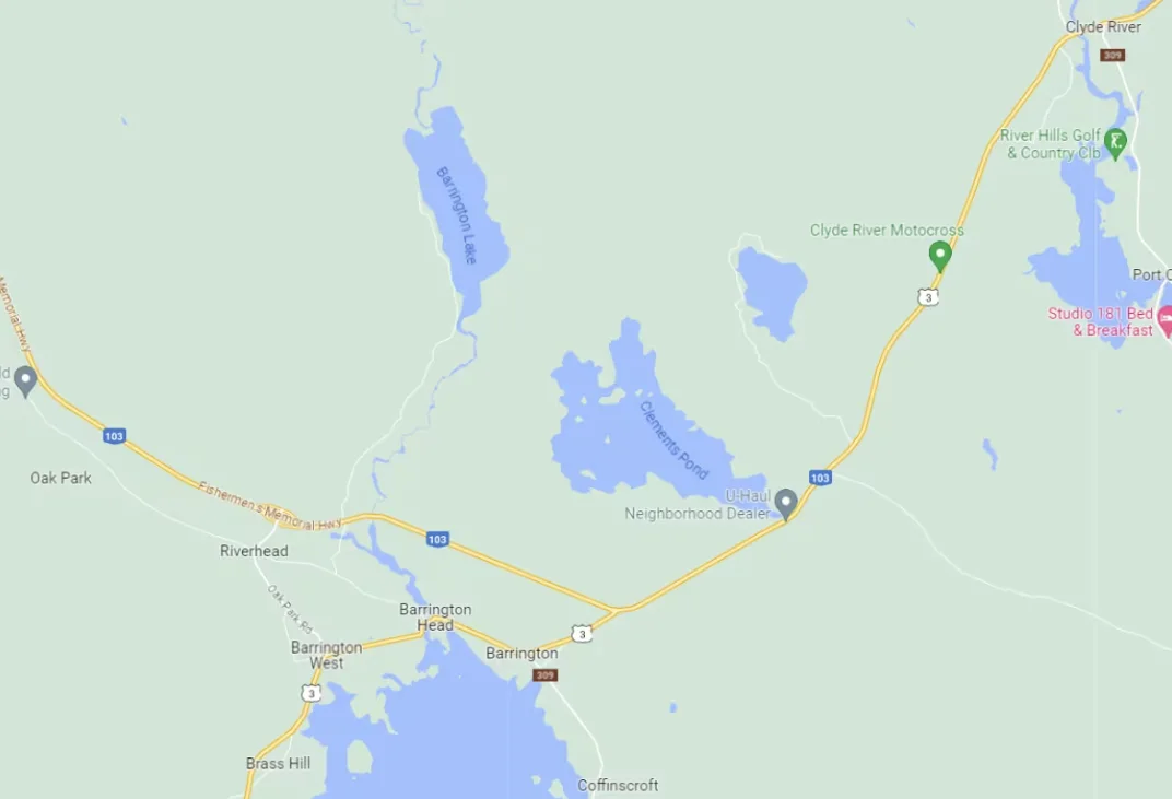 CBC: A map shows Barrington Lake and the nearby communities of Riverhead, Barrington and Clyde River. (Google Maps)
