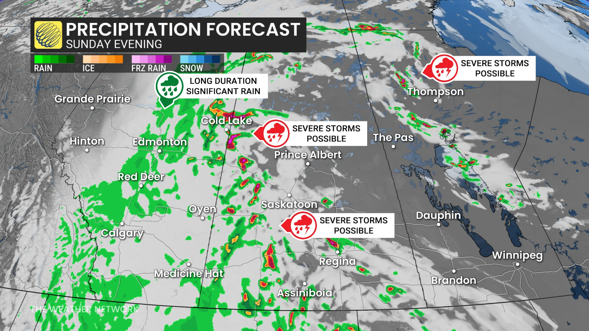 Prairies precipitation timing Sunday evening