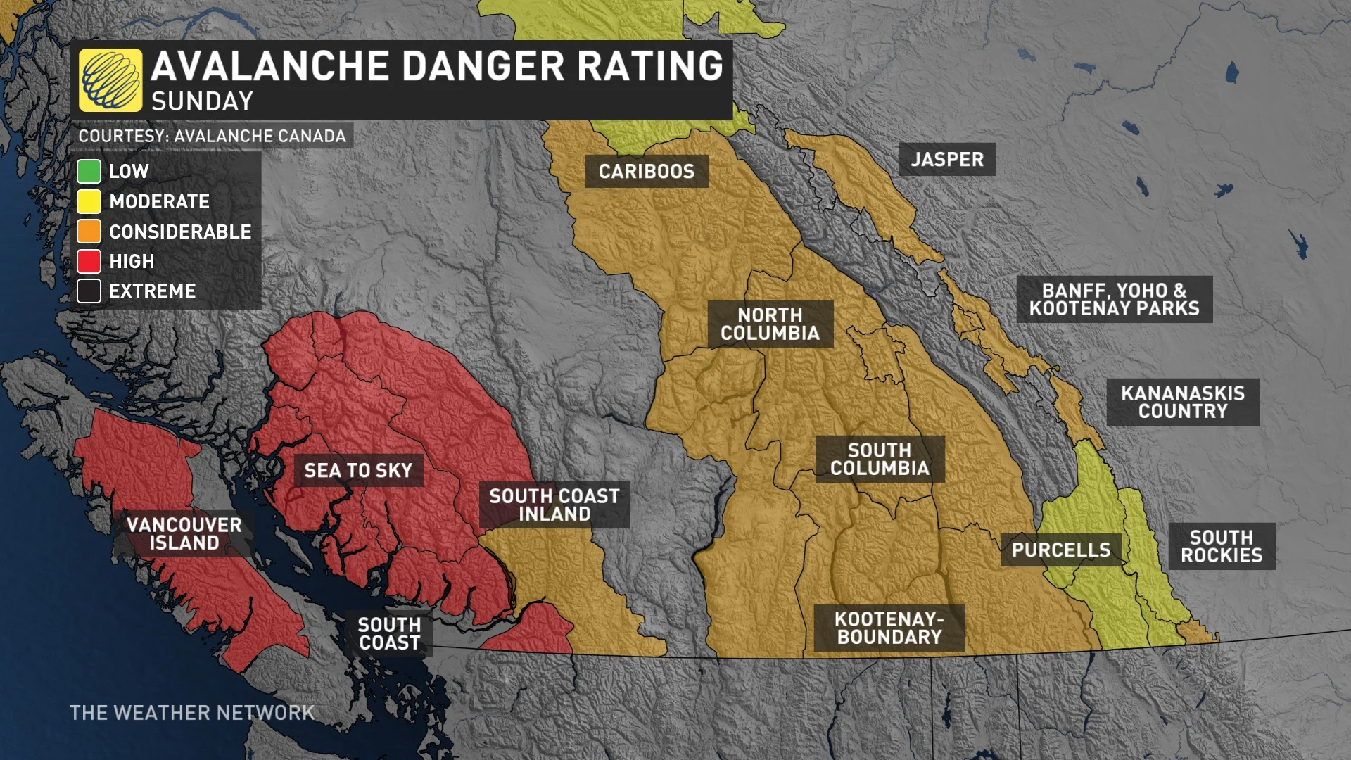 Avalanche danger rating Sunday B.C. and Alberta