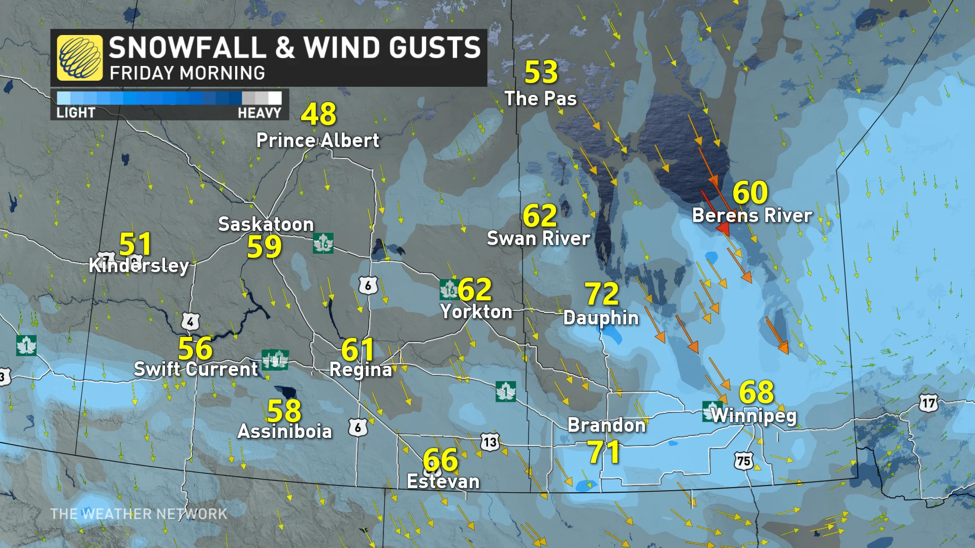 Prairies Friday Morning Snow Wind Gusts