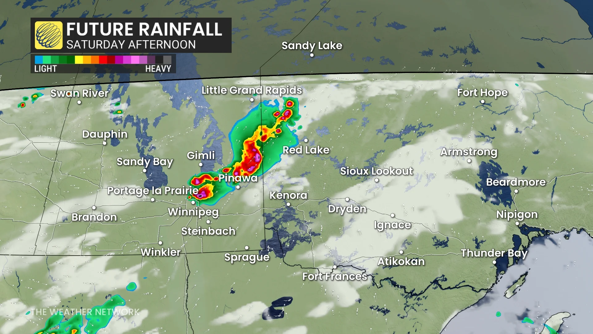 Manitoba/northwestern Ontario Saturday afternoon precipitation timing forecast