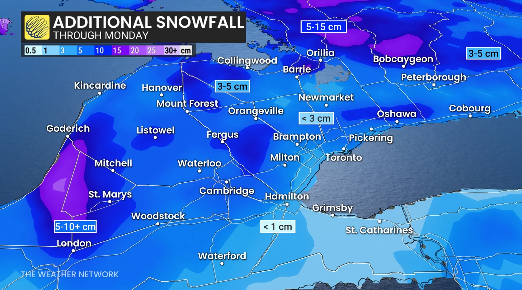 Additional snowfall through Monday Ontario (zoomed in)