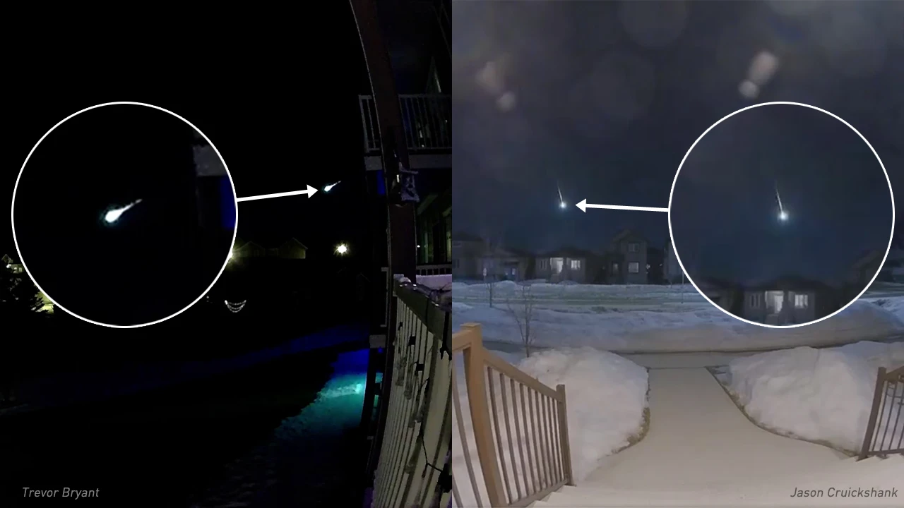 Two bright fireballs flashed over the Prairies, almost exactly one night apart