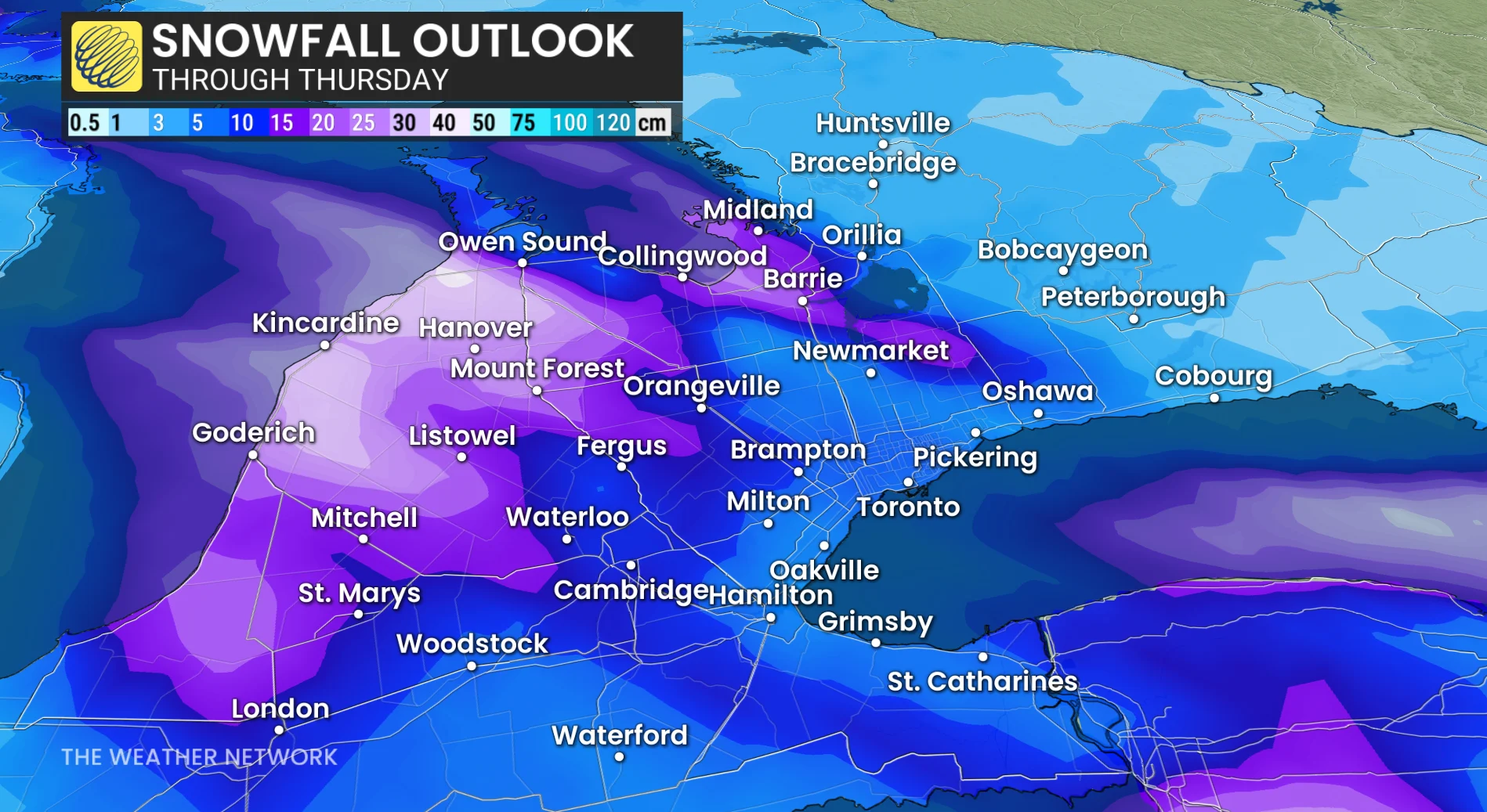 Ontario snowfall accumulation through Thursday