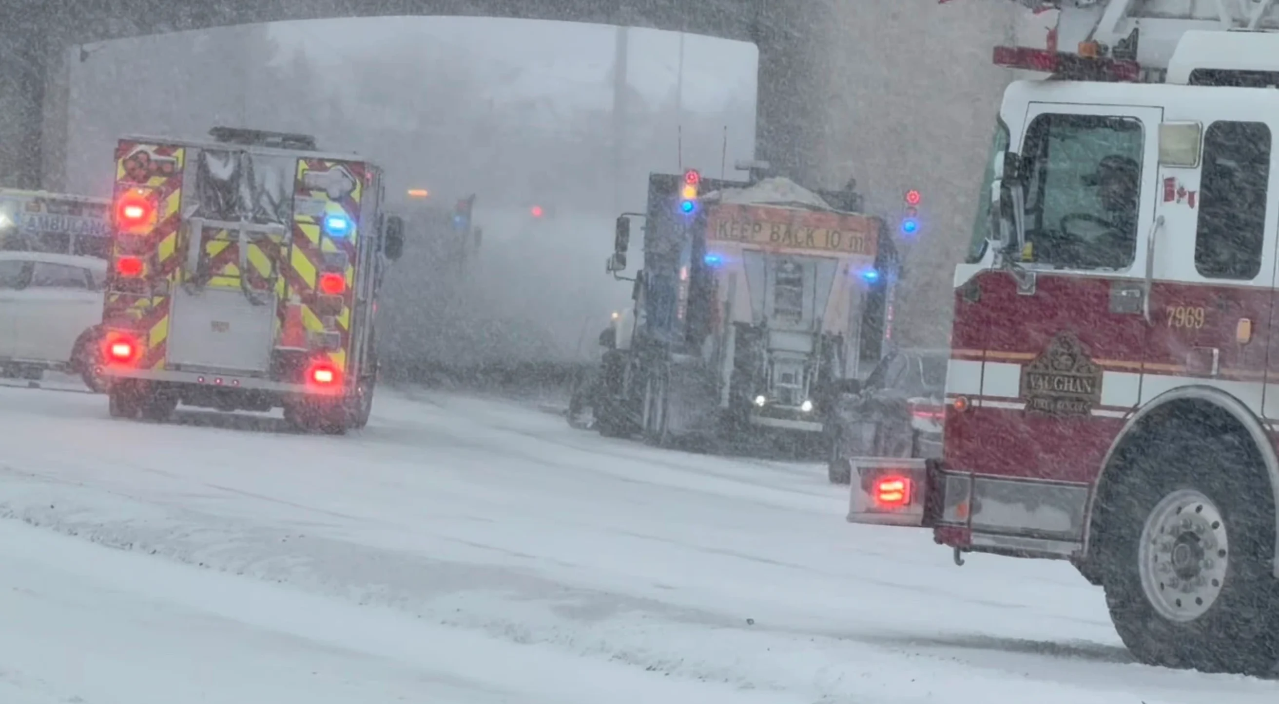 Jan. 25, 2026, Historic winter storm storm. Hwy 7 & Dufferin St in Vaughan… Includes a car that lost control on a curve and crashed into a guardrail. Emergency crews on scene, no major injuries but very heavy snow falling currently. Winter driving, snowfall, snow, highway, roads