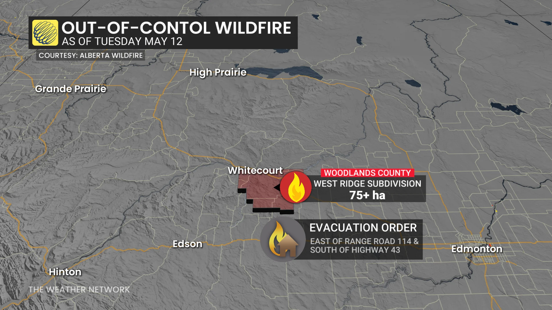 Out-of-control wildfire near Whitecourt, Alta., May 12