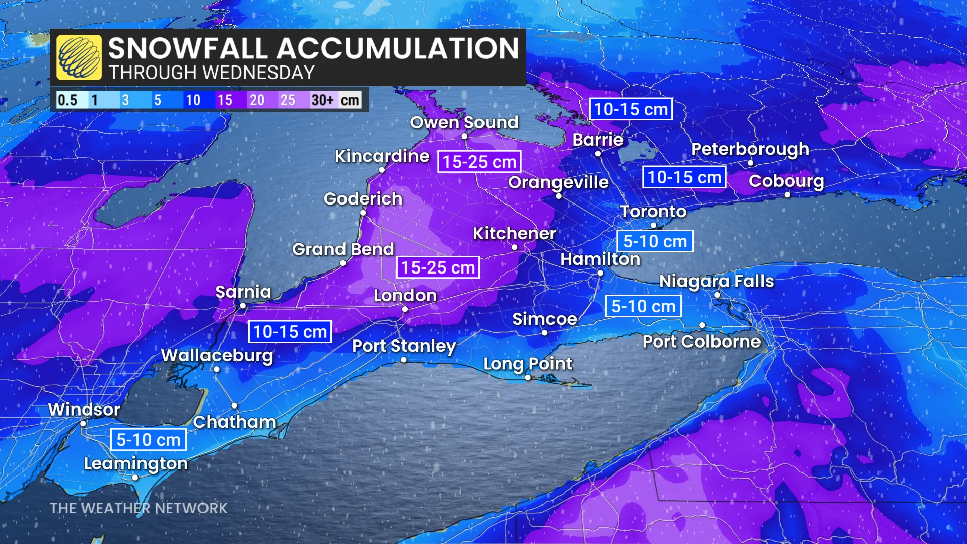 Ontario snowfall accumulation through Wednesday