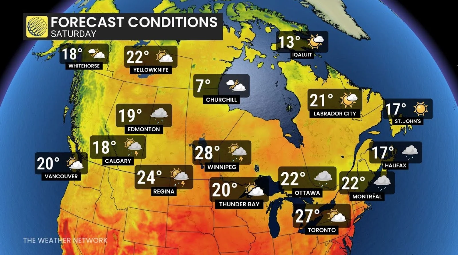 Canada Saturday forecast conditions and temperatures - June 25, 2025