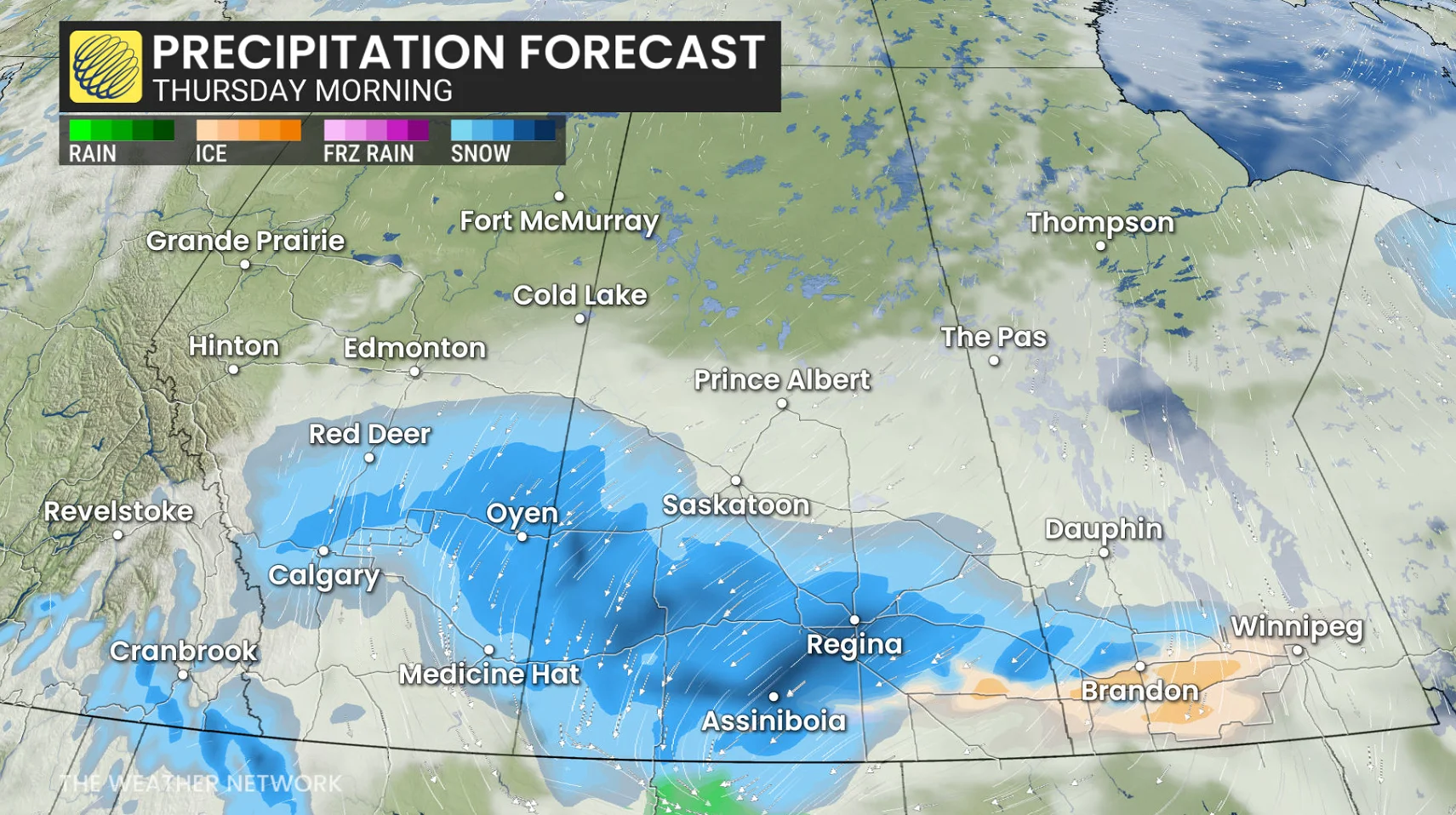 Prairies precipitation timing Thursday morning