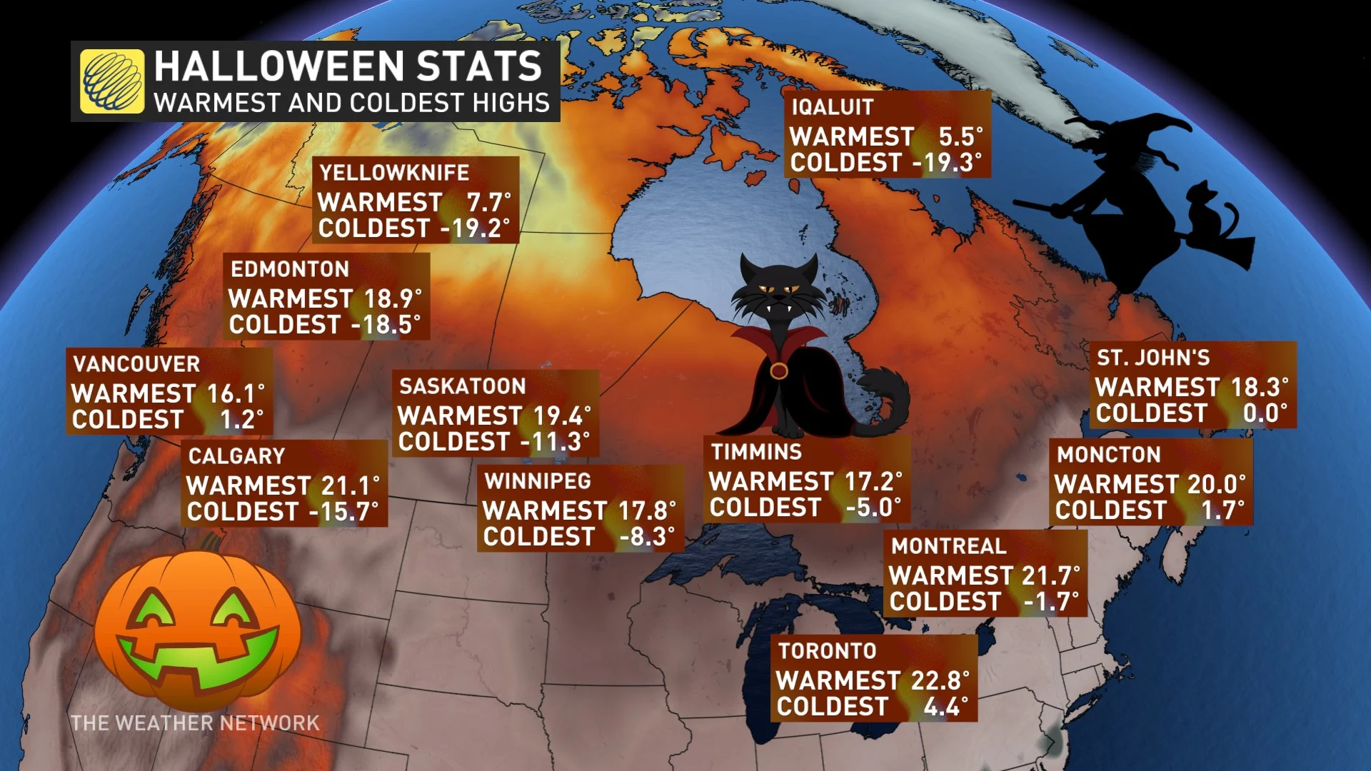 Halloween stats for warmest and coldest highs in Canada