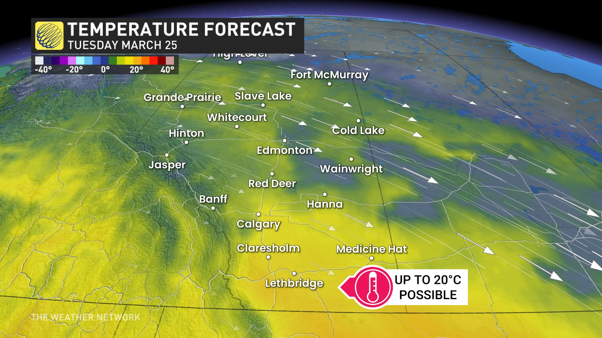 Temperature forecast Alberta Tuesday, March 25