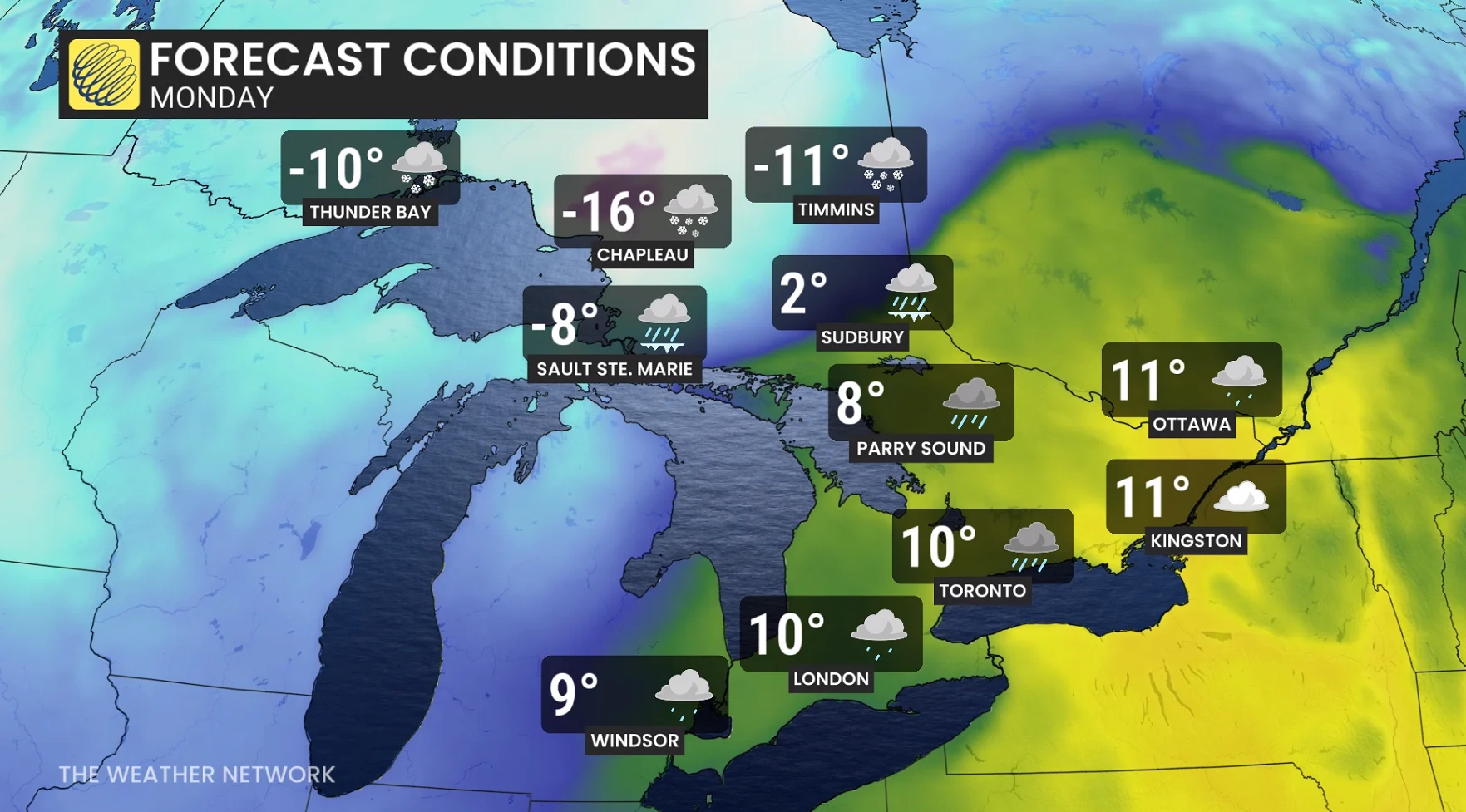 Baron - Ontario temperatures Monday - Mar 13