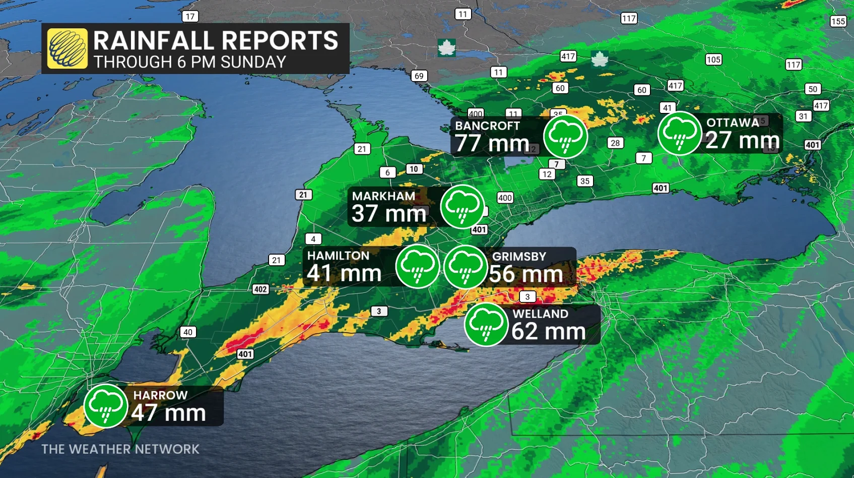 Ontario Rainfall Reports Through Sunday