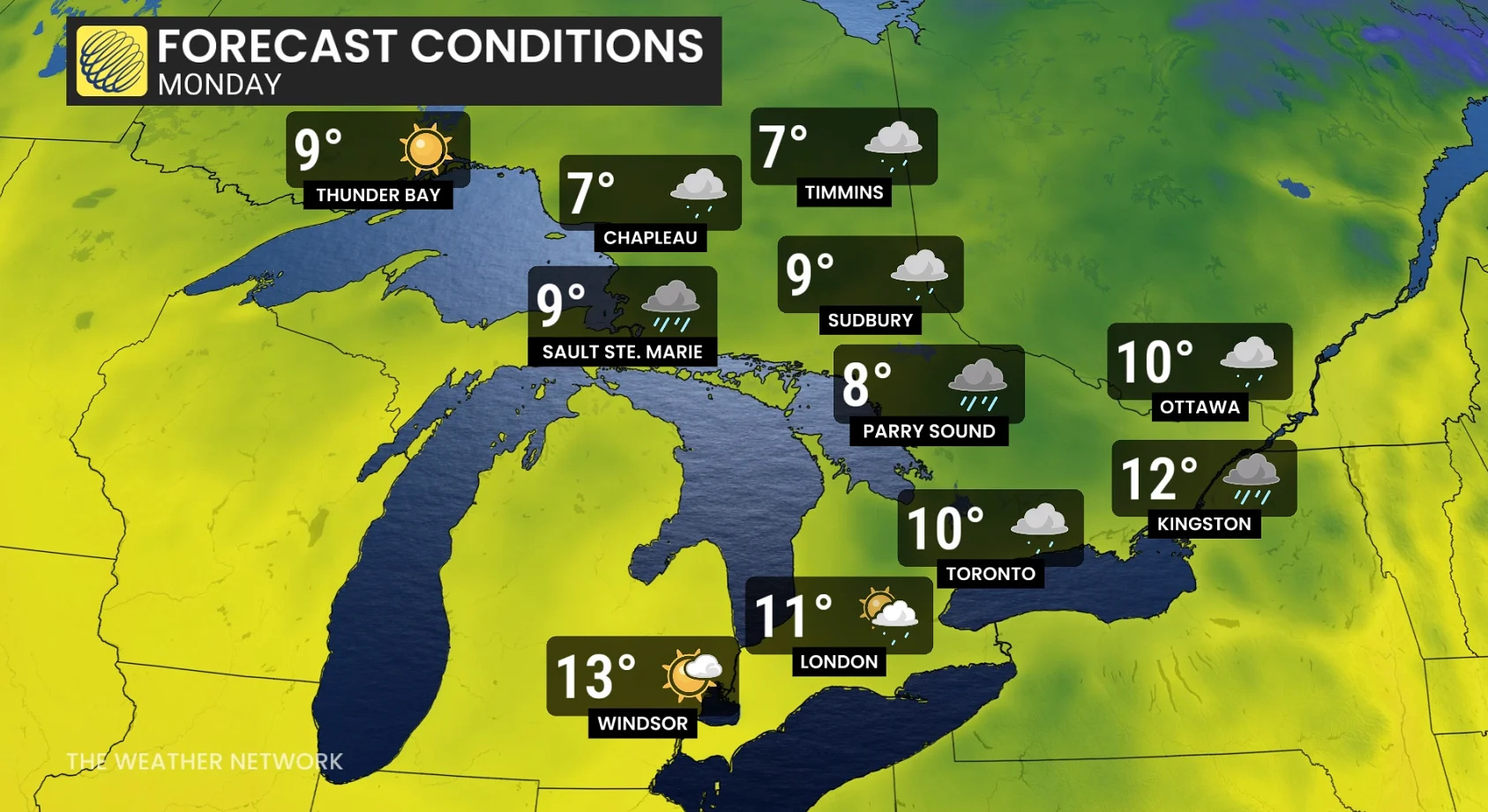 Monday Ontario forecast conditions and icons